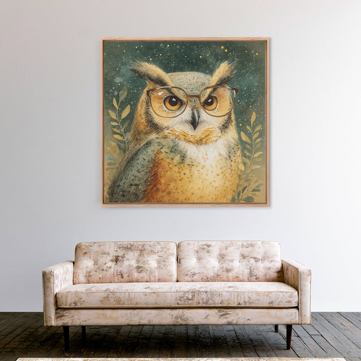 Owl Wearing Spectacles Among Stars Canvas Print, Whimsical Art, Nursery Prints, Living Room Decor, Oil Painting, Wonder, WHI-1x1-54