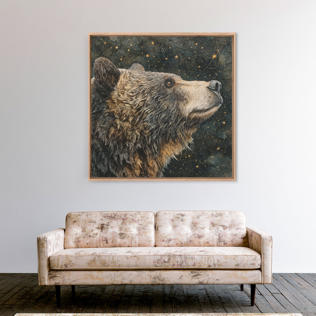 Bear Painting Stars Onto the Night Sky Framed Canvas Print, Whimsical Art, Living Room Decor, Abstract Art, Wonder, WHI-1x1-57