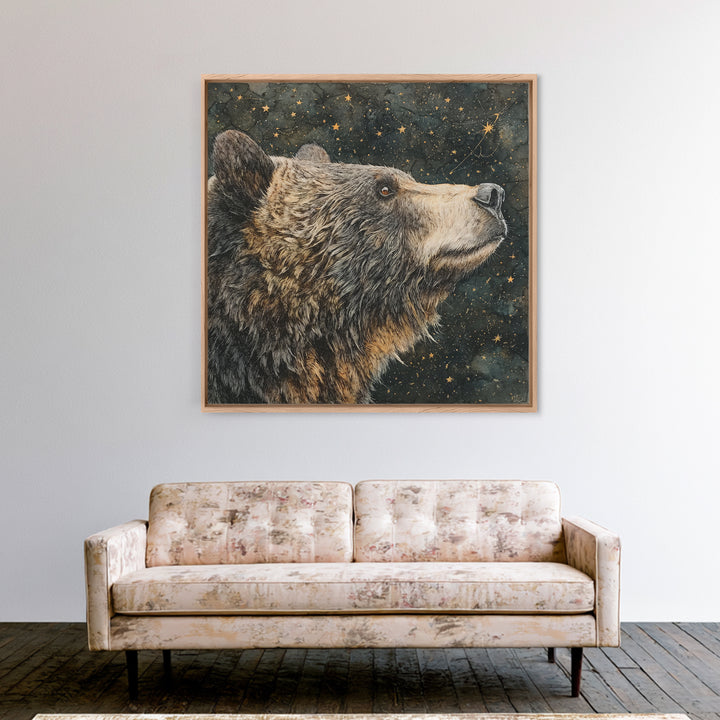 Bear Painting Stars Onto the Night Sky Framed Canvas Print, Whimsical Art, Living Room Decor, Abstract Art, Wonder, WHI-1x1-57
