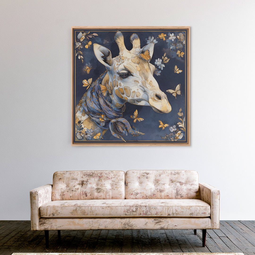 Giraffe with Scarf and Butterflies Framed Canvas Print, Whimsical Art, Watercolor Art, Living Room Decor, Wonder, WHI-1x1-58