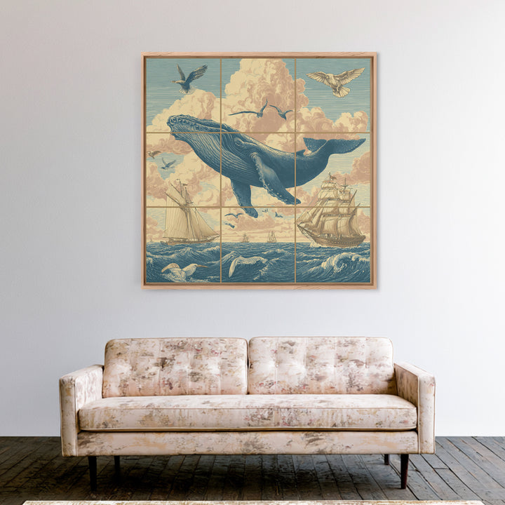 Whale Flying Through Clouds Like Ocean Framed Canvas Print, Whimsical Art, Boho Decor, Living Room Decor, Fine Art, Wonder, WHI-1x1-61