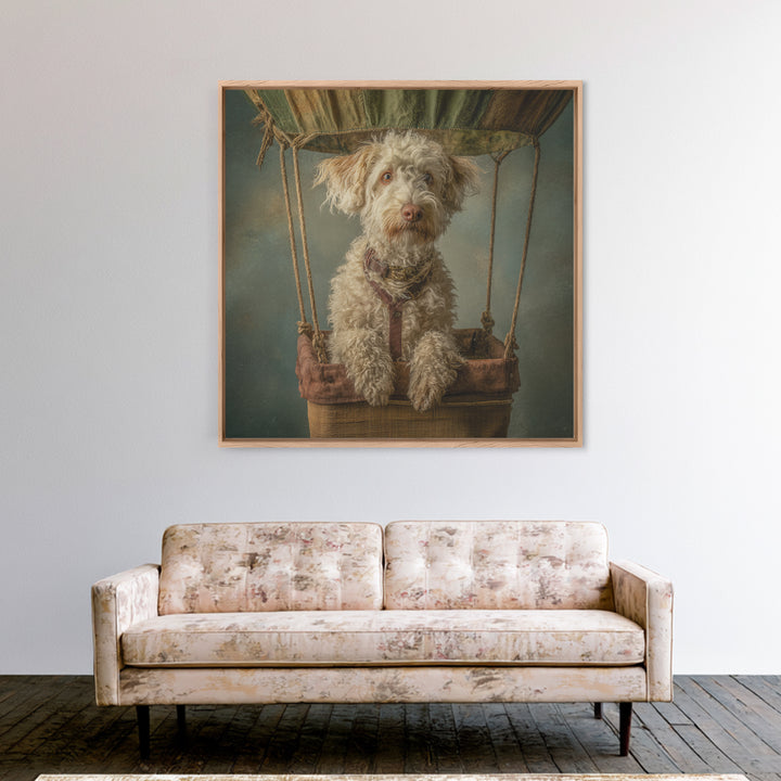 Dog in a Hot Air Balloon Framed Canvas Print, Whimsical Art, Gallery Decor, Living Room Decor, Fine Art, Wonder, Wall Art, WHI-1x1-62