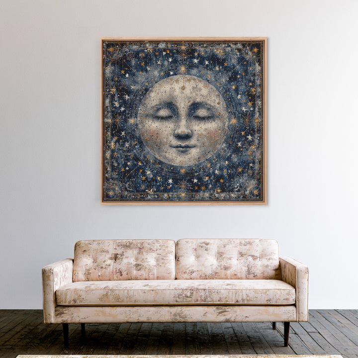 Moon with Sleeping Face and Dangling Stars Framed Canvas Print, Whimsical Art, Living Room Decor, Wonder, Gallery Decor, WHI-1x1-64