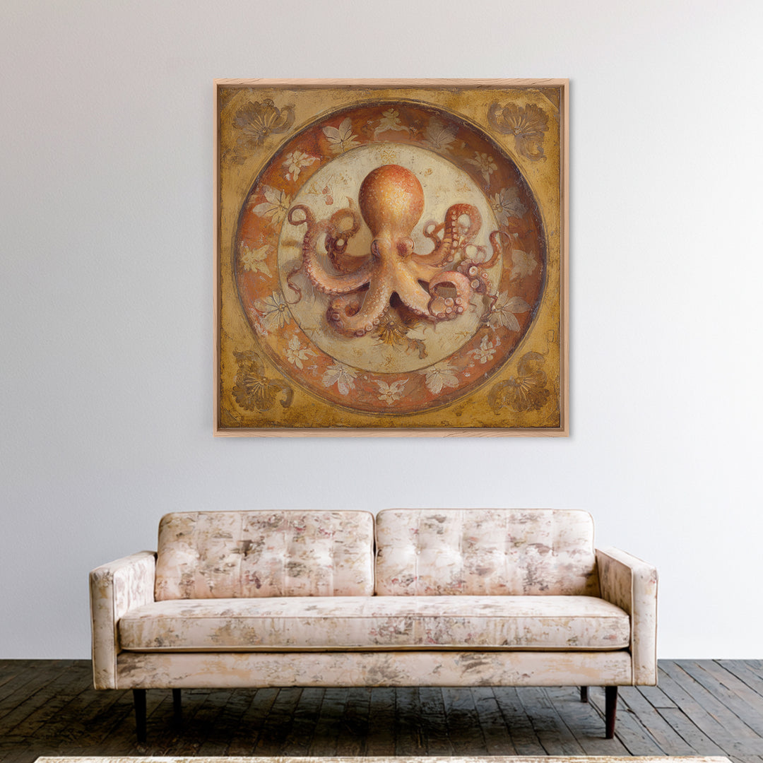 Octopus Conductor with Tiny Instruments Framed Canvas Print, Whimsical Art, Bird Art, Living Room Decor, Abstract Art, Wonder, WHI-1x1-66
