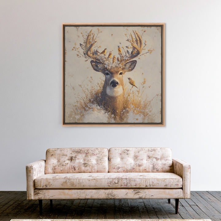 Deer with Antlers Full of Birds Framed Canvas Print, Whimsical Art, Modern Decor, Living Room Decor, Fine Art, Wonder, WHI-1x1-67