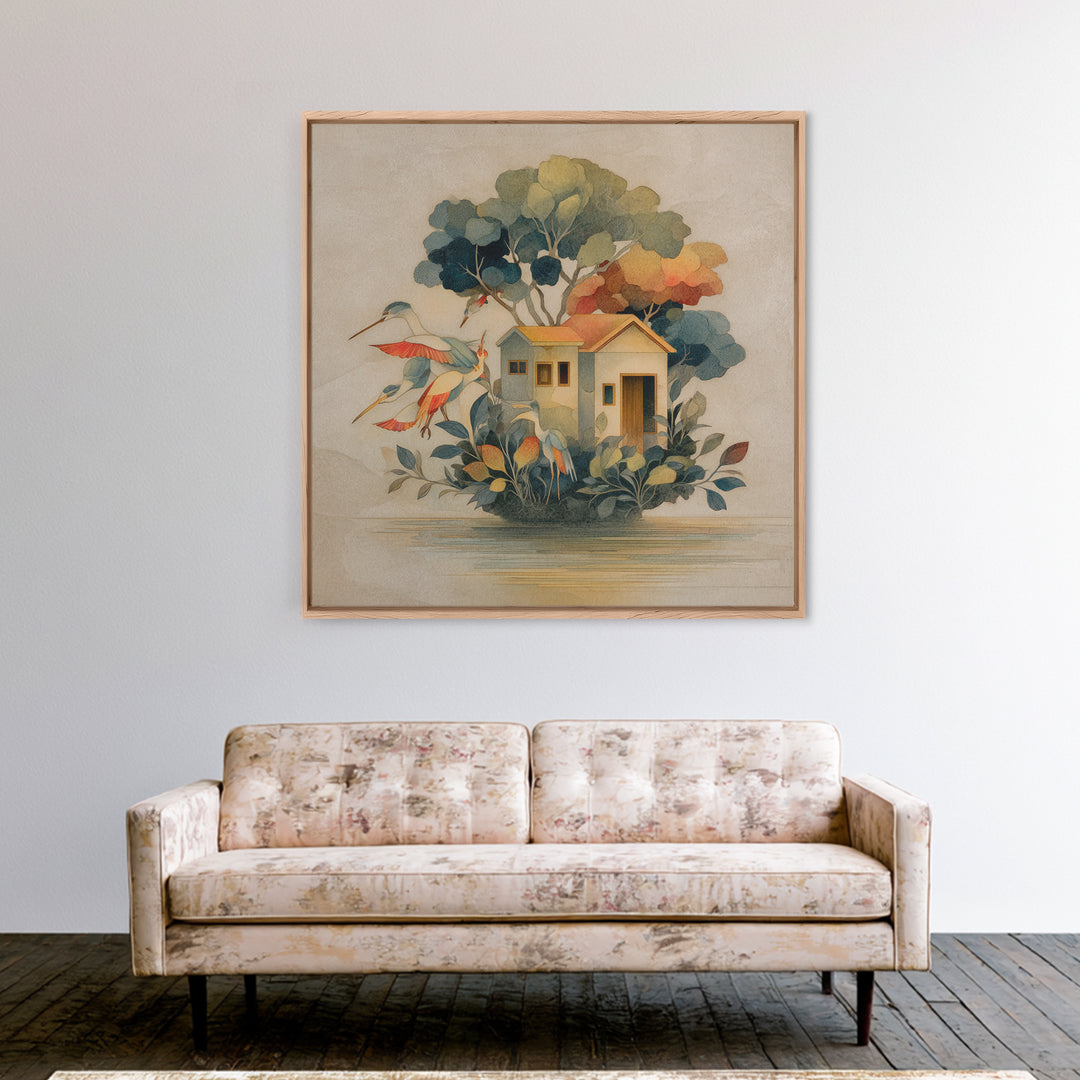 Floating House Carried by Colorful Birds Framed Canvas Print, Whimsical Art, Framed Wall Art, Living Room Decor, Wonder, WHI-1x1-7