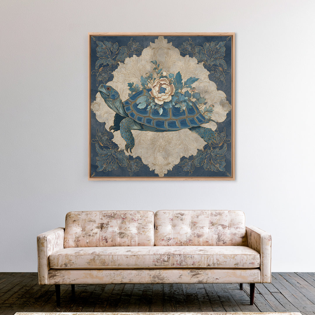 Turtle with Garden Growing on Shell Framed Canvas Print, Whimsical Art, Nursery Art, Living Room Decor, Oil Painting, Wonder, WHI-1x1-70