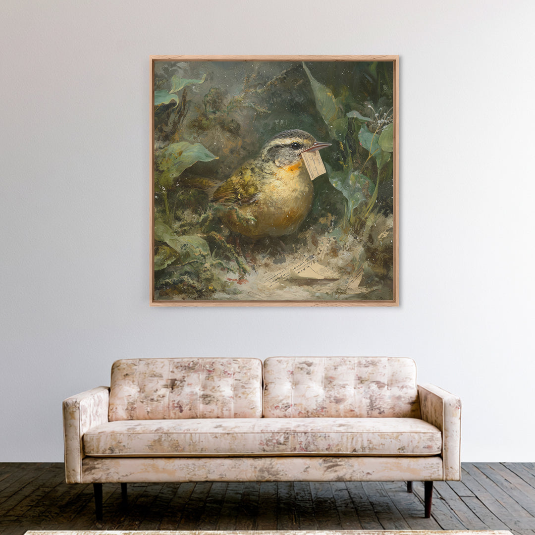 Bird Delivering a Tiny Love Letter Framed Canvas Print, Whimsical Art, Cat Art, Living Room Decor, Fine Art, Wonder, WHI-1x1-71