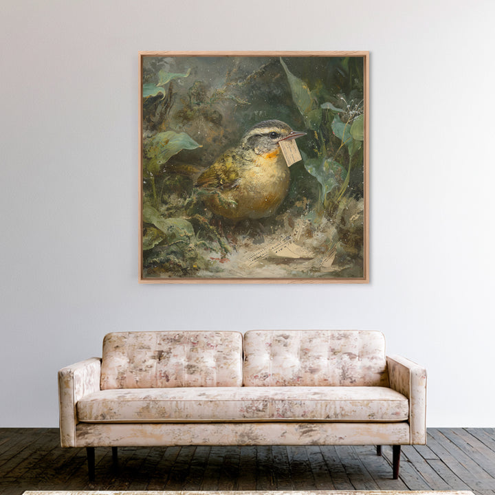 Bird Delivering a Tiny Love Letter Framed Canvas Print, Whimsical Art, Cat Art, Living Room Decor, Fine Art, Wonder, WHI-1x1-71