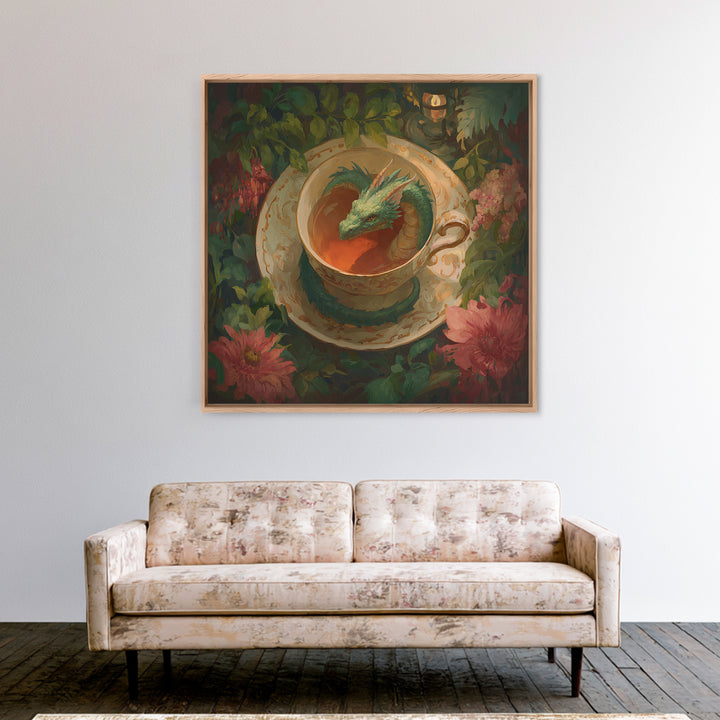 Dragon Curled Around a Teacup Framed Canvas Print, Whimsical Art, Bird Art, Living Room Decor, Abstract Art, Wonder, WHI-1x1-72