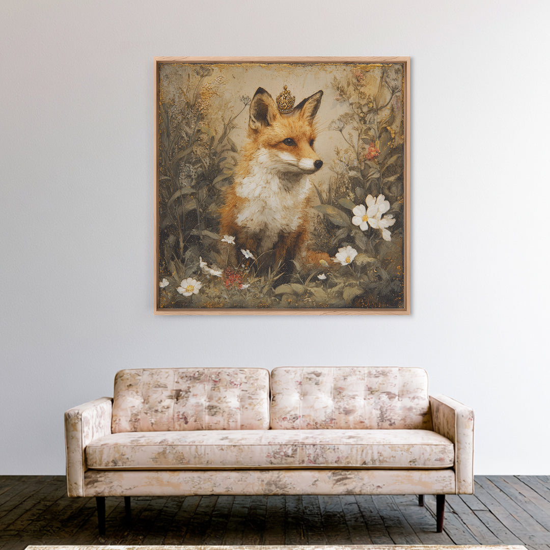 Fox Wearing a Tiny Crown Framed Canvas Print, Whimsical Art, Home Decor, Living Room Decor, Fine Art, Wonder, Digital Print, WHI-1x1-73