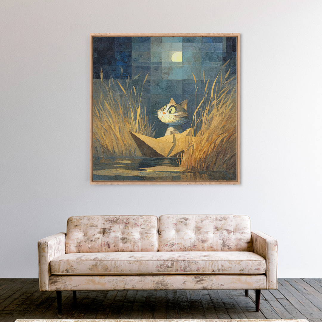 Cat Sailing a Paper Boat Framed Canvas Print, Whimsical Art, Fine Art Print, Living Room Decor, Fine Art, Wonder, Prints, WHI-1x1-74