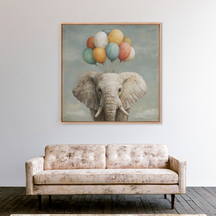 Elephant Holding Balloons Canvas Print, Whimsical Art, Statement Artwork, Living Room Decor, Fine Art, Wonder, Art Print, WHI-1x1-75