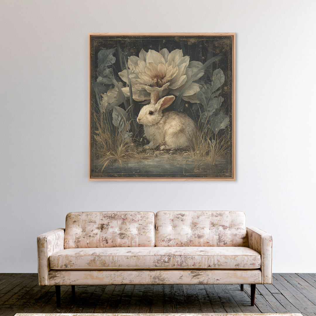 Rabbit Reading Beneath a Giant Flower Canvas Print, Whimsical Art, Wall Decor, Living Room Decor, Wonder, Printable Art, WHI-1x1-77