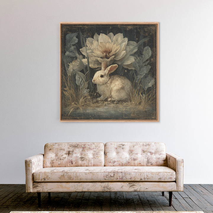 Rabbit Reading Beneath a Giant Flower Canvas Print, Whimsical Art, Wall Decor, Living Room Decor, Wonder, Printable Art, WHI-1x1-77