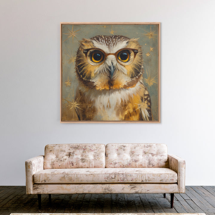 Owl Wearing Spectacles Among Stars Framed Canvas Print, Whimsical Art, Statement Artwork, Living Room Decor, Fine Art, Wonder, WHI-1x1-78