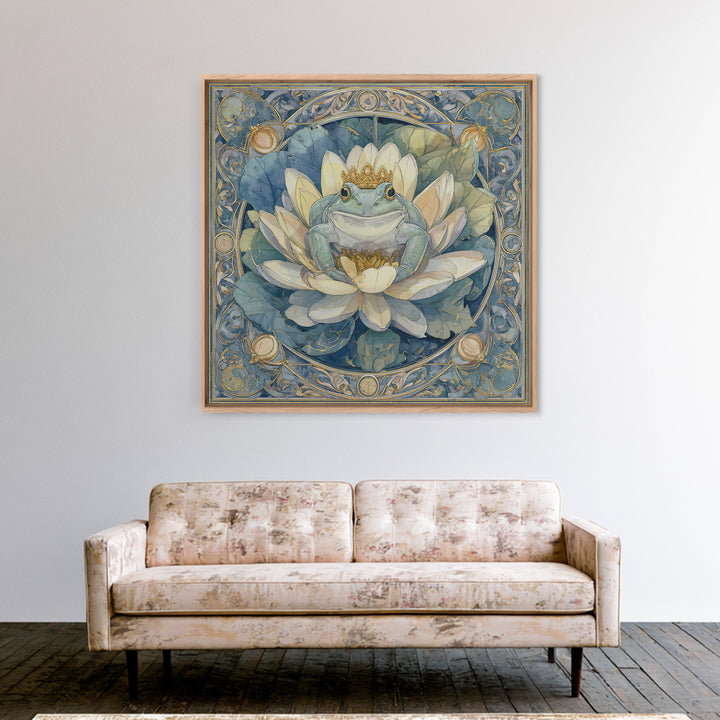 Frog Prince on a Lily Pad Framed Canvas Print, Whimsical Art, Oil Painting, Living Room Decor, Wonder, Dark Academia Decor, WHI-1x1-8