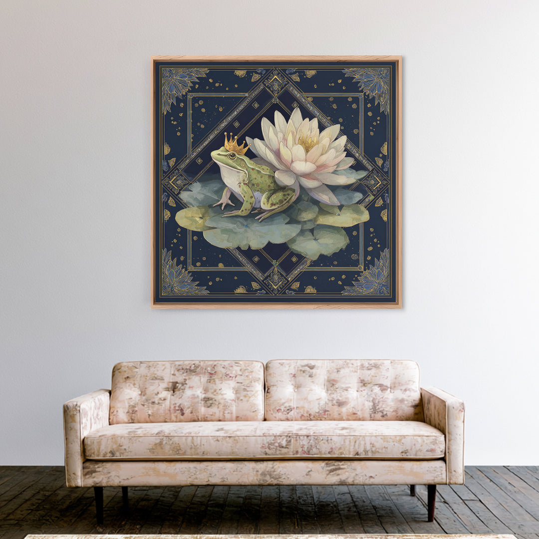Frog Prince on a Lily Pad Framed Canvas Print, Whimsical Art, Fine Art Print, Living Room Decor, Fine Art, Wonder, Prints, WHI-1x1-80