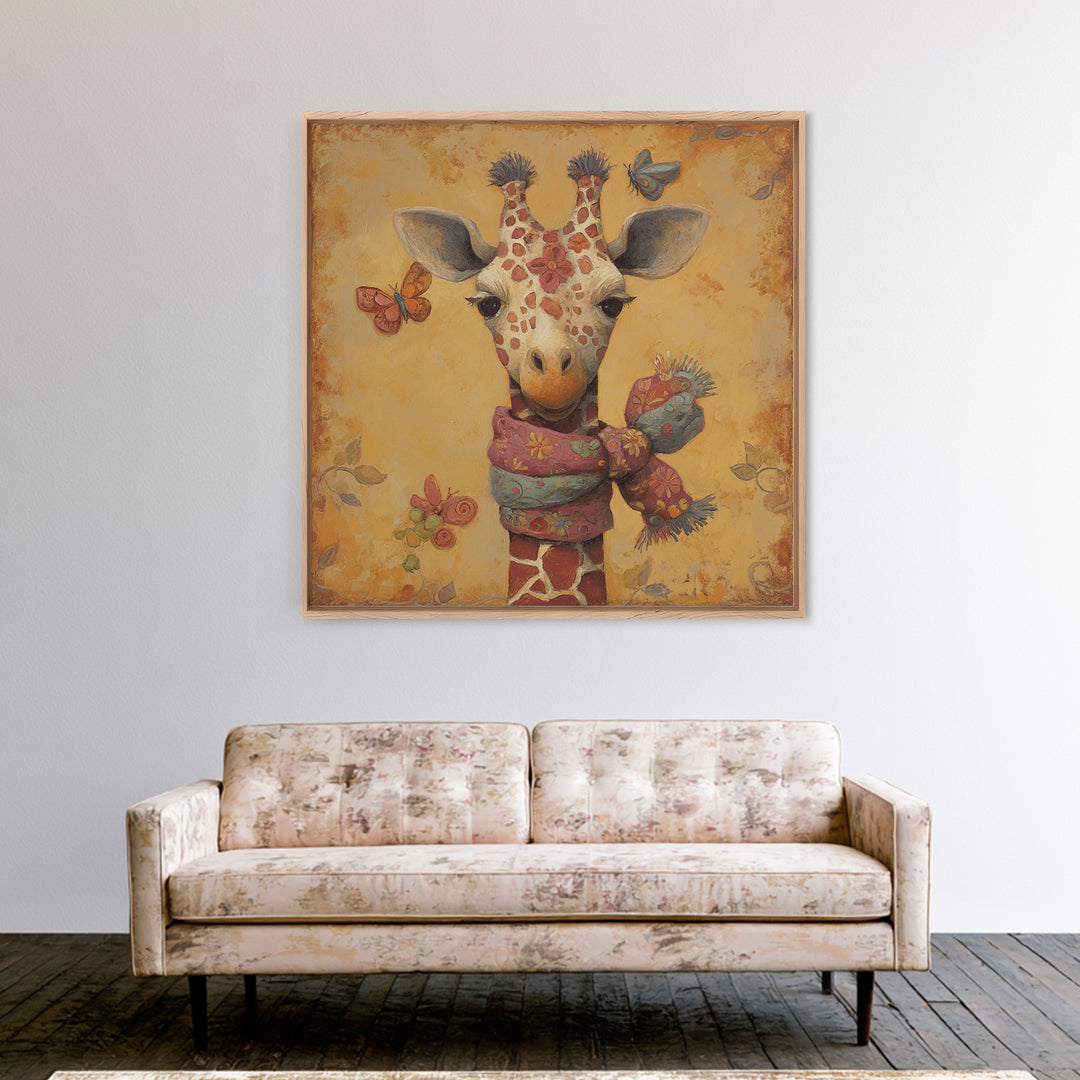 Giraffe with Scarf and Butterflies Canvas Print, Whimsical Art, Boho Decor, Living Room Decor, Oil Painting, Wonder, WHI-1x1-82