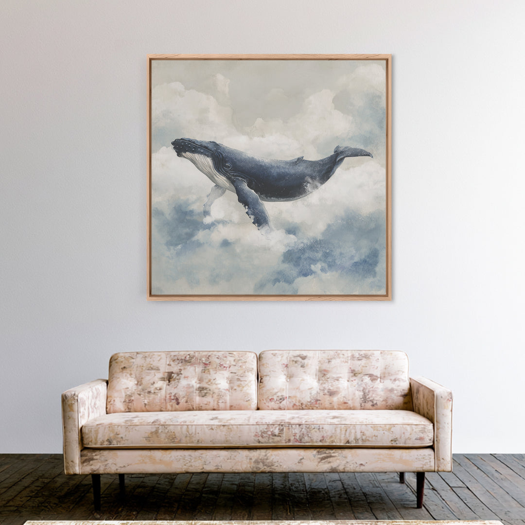 Whale Flying Through Clouds Like Ocean Canvas Print, Whimsical Art, Minimalist Decor, Living Room Decor, Oil Painting, Wonder, WHI-1x1-85