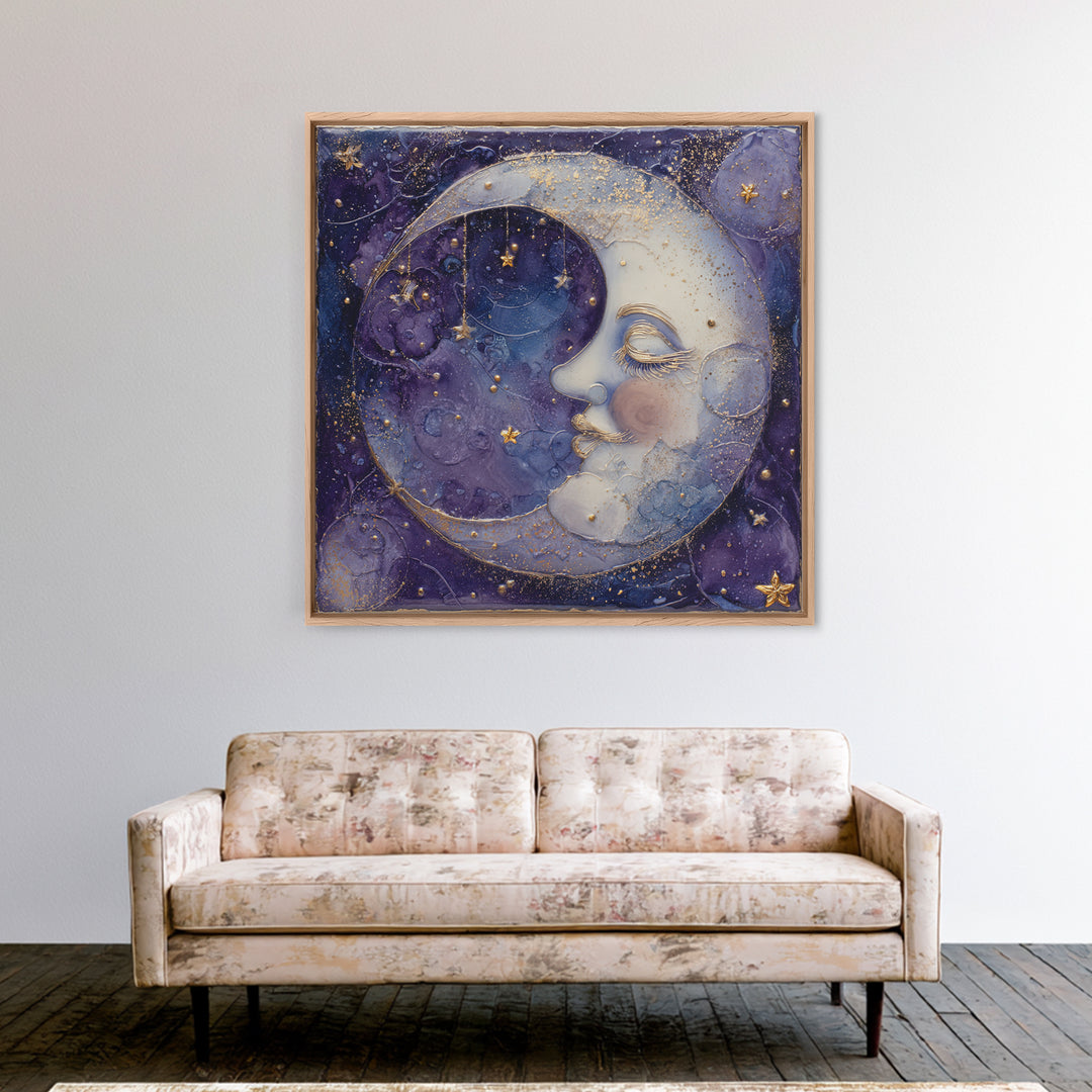 Moon with Sleeping Face and Dangling Stars Framed Canvas Print, Whimsical Art, Minimalist Decor, Living Room Decor, Wonder, WHI-1x1-88