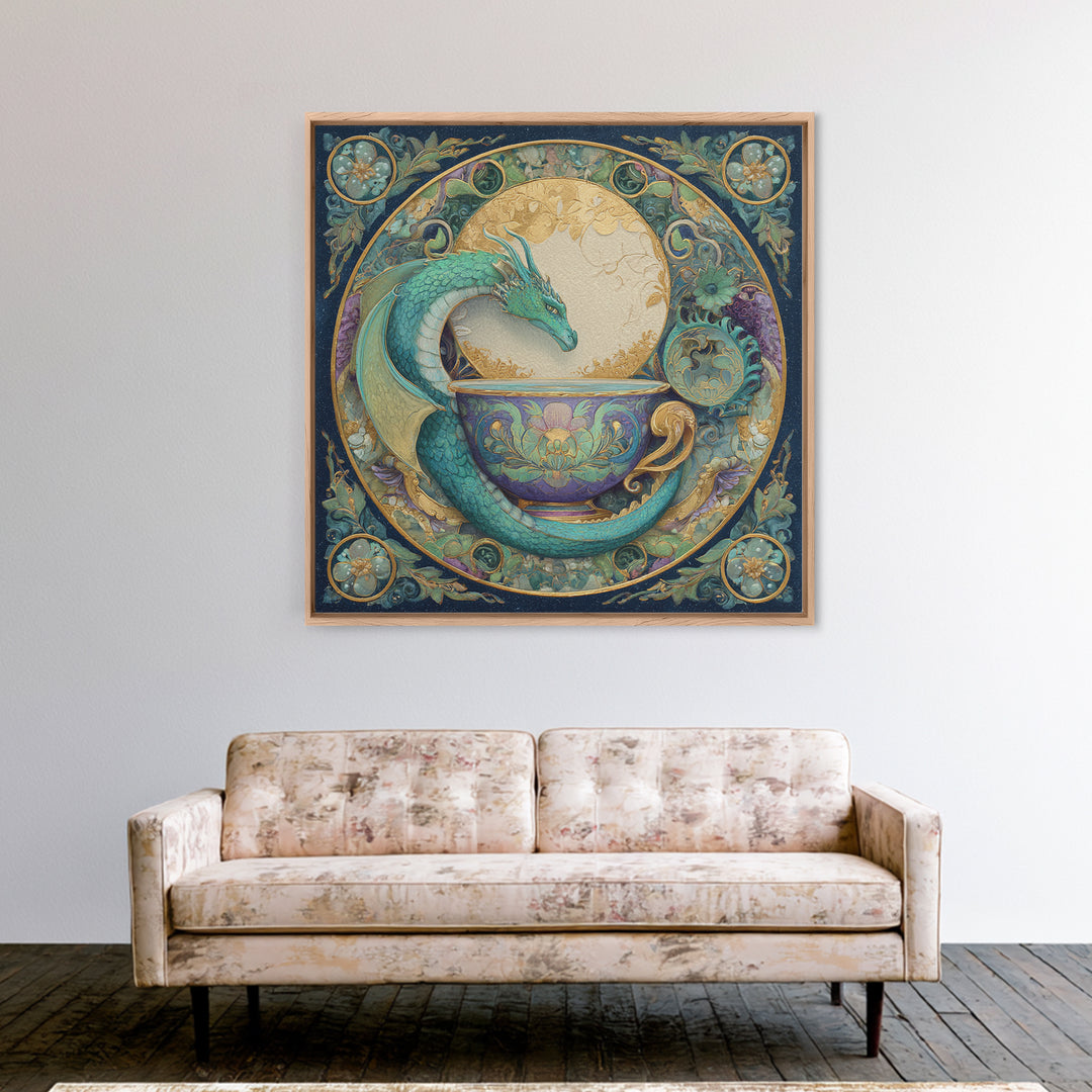 Dragon Curled Around a Teacup Framed Canvas Print, Whimsical Art, Pet Portrait, Living Room Decor, Wonder, Abstract Wall Art, WHI-1x1-96
