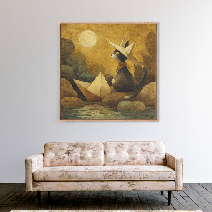 Cat Sailing a Paper Boat Canvas Print, Whimsical Art, Textured Painting, Living Room Decor, Fine Art, Wonder, Nursery Decor, WHI-1x1-98