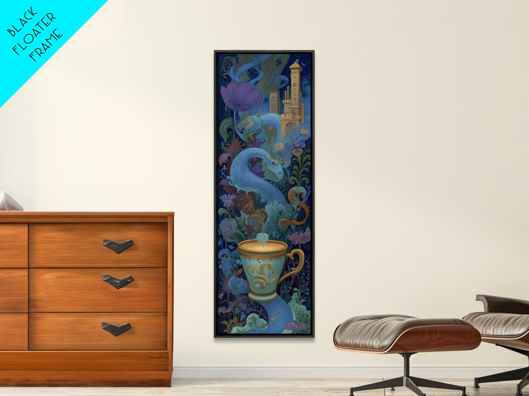 Dragon Curled Around a Teacup Canvas Print, Whimsical Art, Wall Art, Living Room Decor, Oil Painting, Wonder, Framed Wall Art, WHI-1x3-12