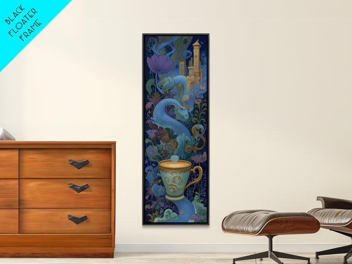 Dragon Curled Around a Teacup Canvas Print, Whimsical Art, Wall Art, Living Room Decor, Oil Painting, Wonder, Framed Wall Art, WHI-1x3-12