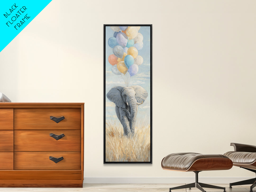 Elephant Holding Balloons Framed Canvas Print, Whimsical Art, Art Nouveau, Living Room Decor, Abstract Art, Wonder, WHI-1x3-15