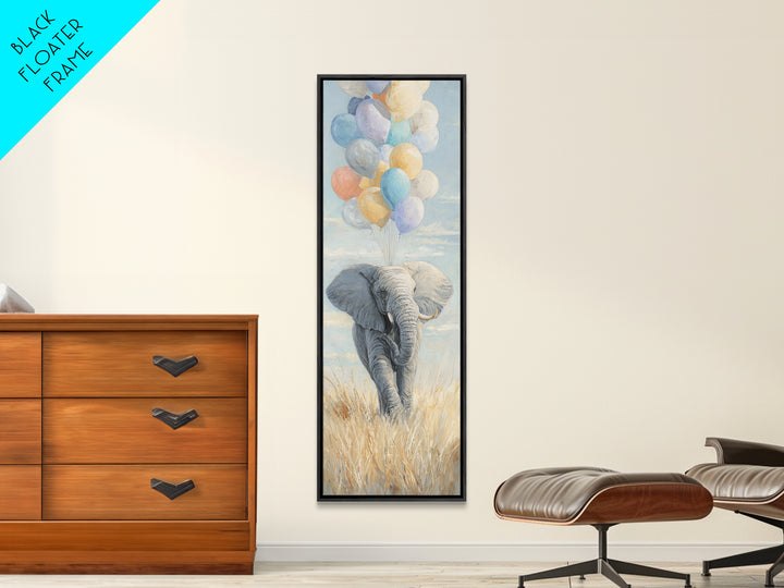 Elephant Holding Balloons Framed Canvas Print, Whimsical Art, Art Nouveau, Living Room Decor, Abstract Art, Wonder, WHI-1x3-15