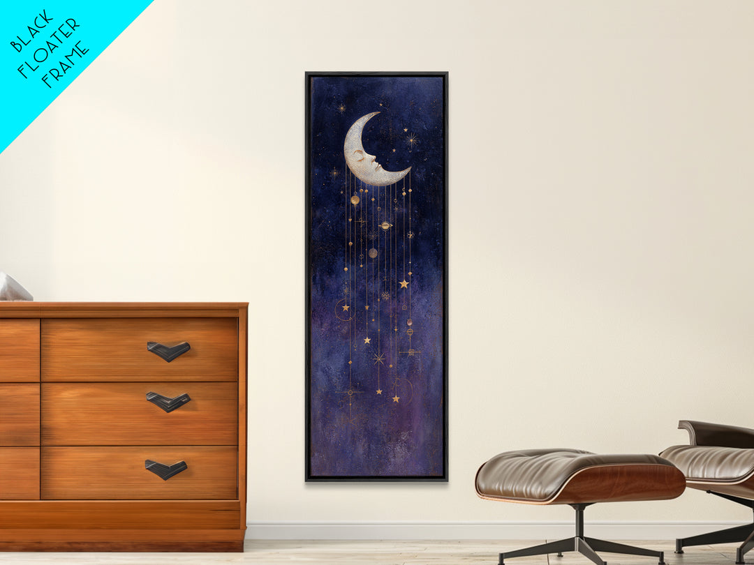 Moon with Sleeping Face and Dangling Stars Framed Canvas Print, Whimsical Art, Minimalist Decor, Living Room Decor, Wonder, WHI-1x3-4