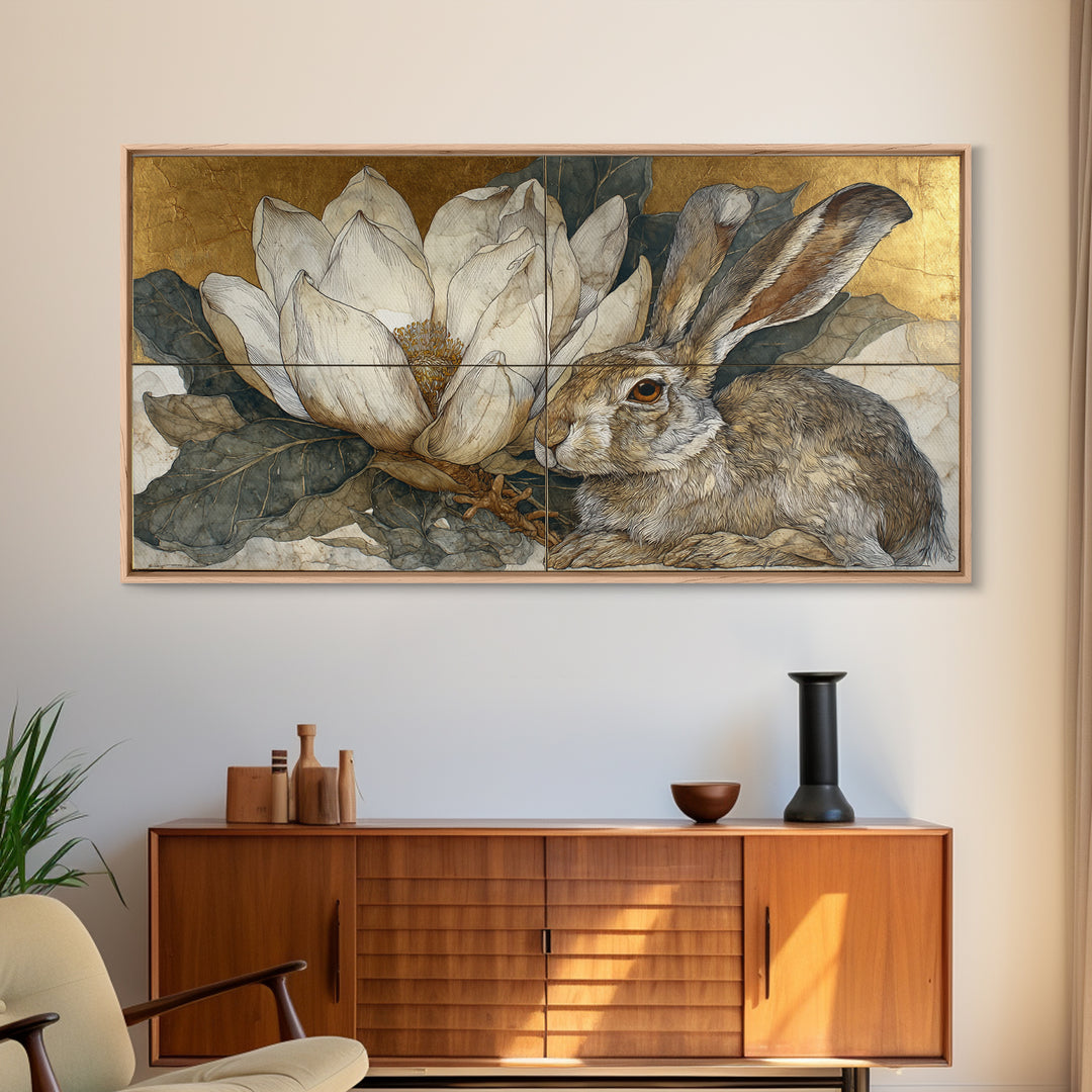 Rabbit Reading Beneath a Giant Flower Framed Canvas Print, Whimsical Art, Oil Painting, Living Room Decor, Wonder, WHI-2x1-1