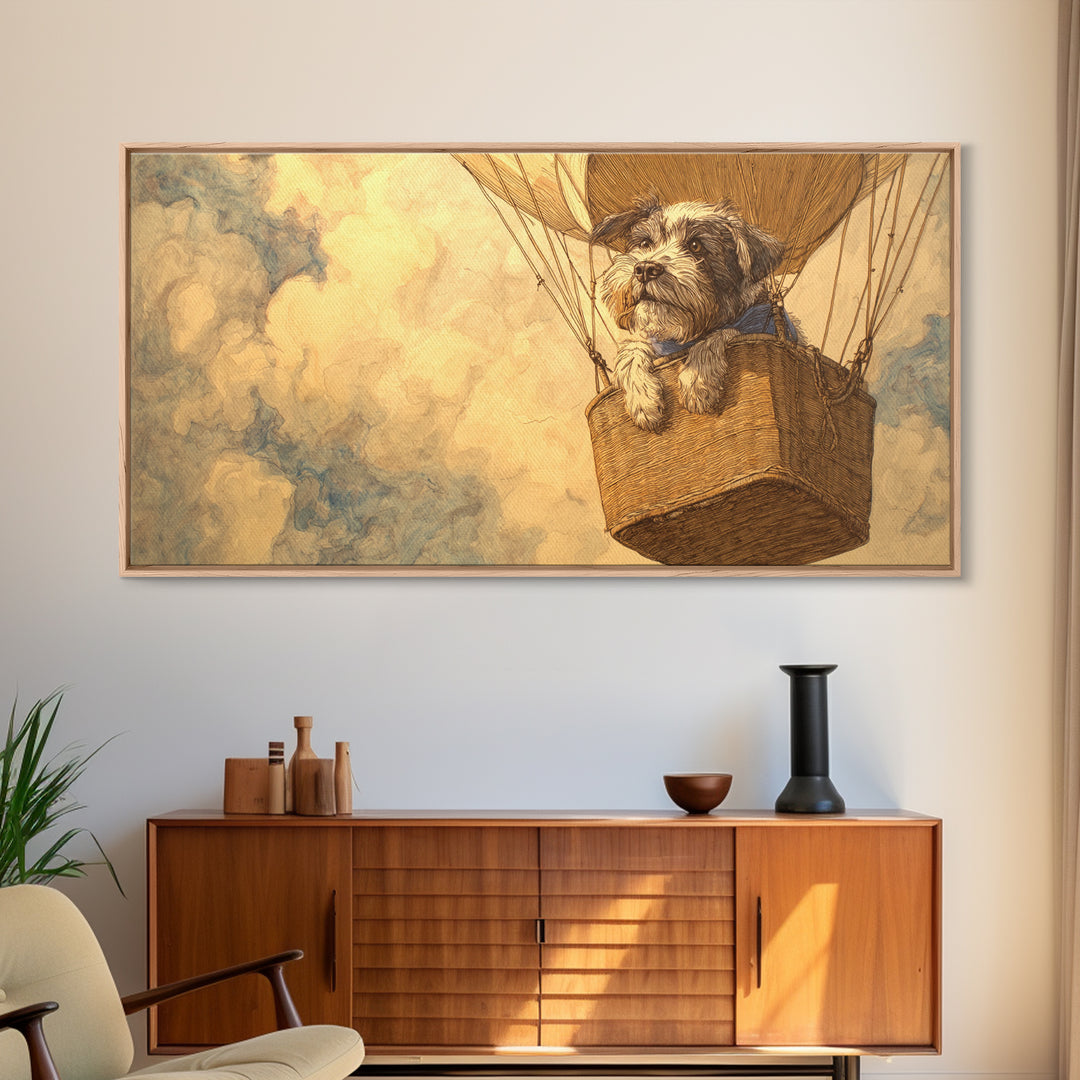 Dog in a Hot Air Balloon Framed Canvas Print, Whimsical Art, Contemporary Art, Living Room Decor, Fine Art, Wonder, Art Nouveau, WHI-2x1-10
