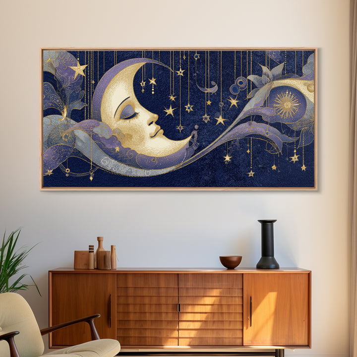 Moon with Sleeping Face and Dangling Stars Framed Canvas Print, Whimsical Art, Room Decor, Living Room Decor, Oil Painting, WHI-2x1-12