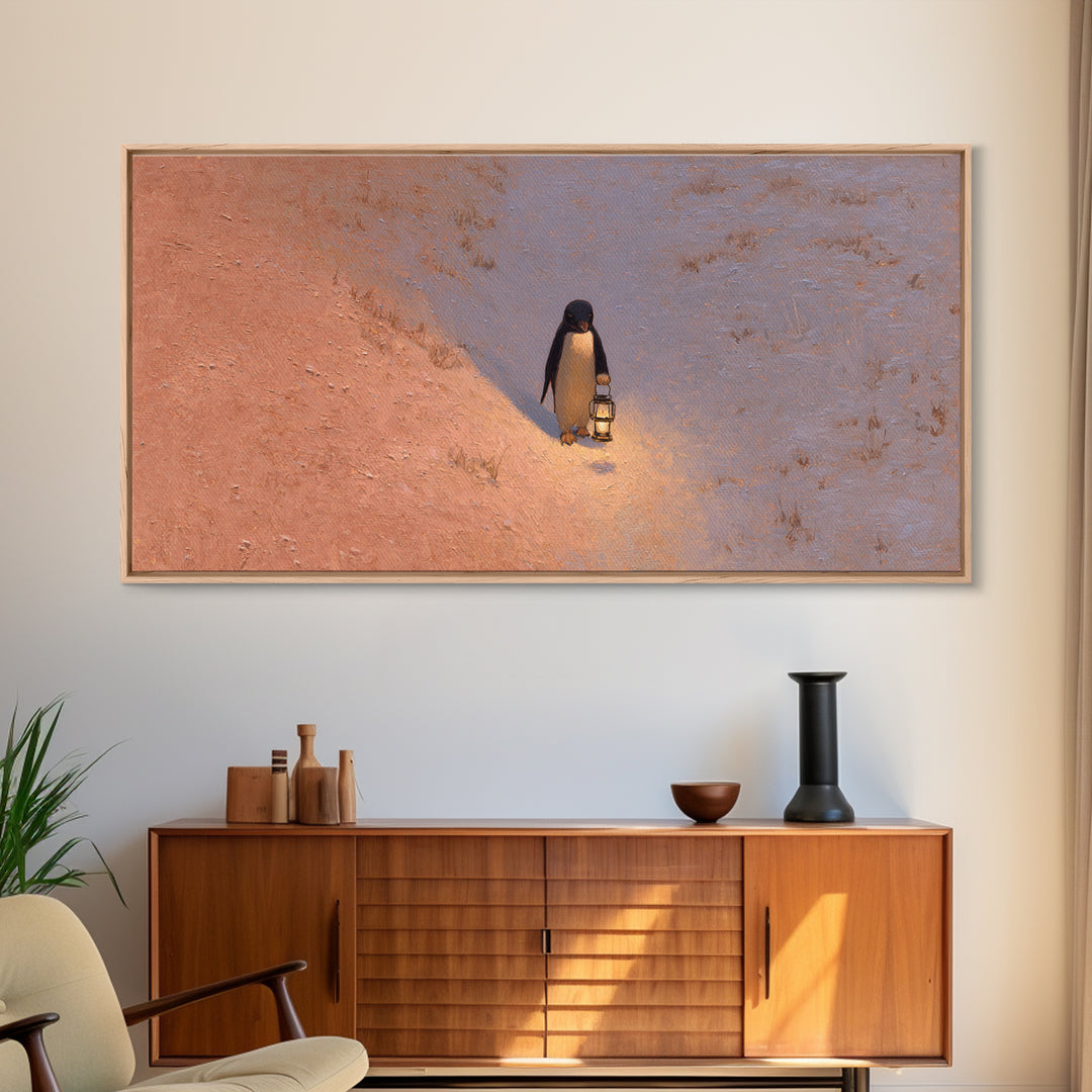 Penguin Holding a Lantern Framed Canvas Print, Whimsical Art, Digital Art, Living Room Decor, Fine Art, Wonder, Nursery, WHI-2x1-13