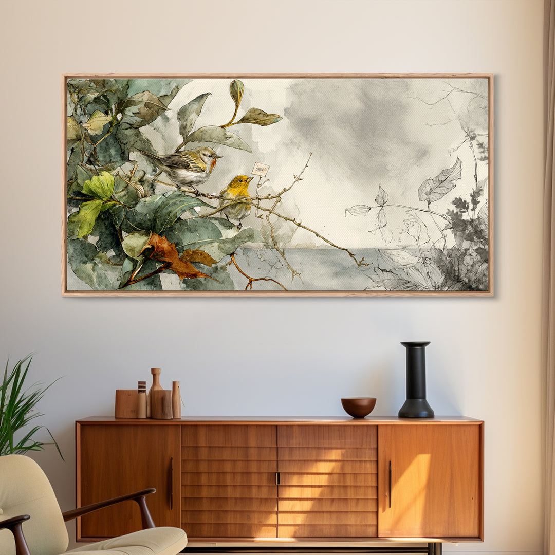 Bird Delivering a Tiny Love Letter Framed Canvas Print, Whimsical Art, Cat Art, Living Room Decor, Fine Art, Wonder, WHI-2x1-19