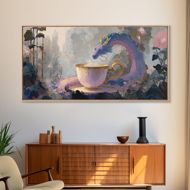 Dragon Curled Around a Teacup Framed Canvas Print, Whimsical Art, Statement Artwork, Living Room Decor, Fine Art, Wonder, WHI-2x1-20