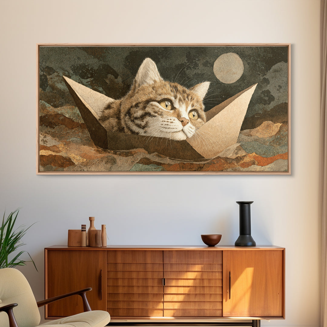 Cat Sailing a Paper Boat Canvas Print, Whimsical Art, Textured Painting, Living Room Decor, Fine Art, Wonder, Nursery Decor, WHI-2x1-22