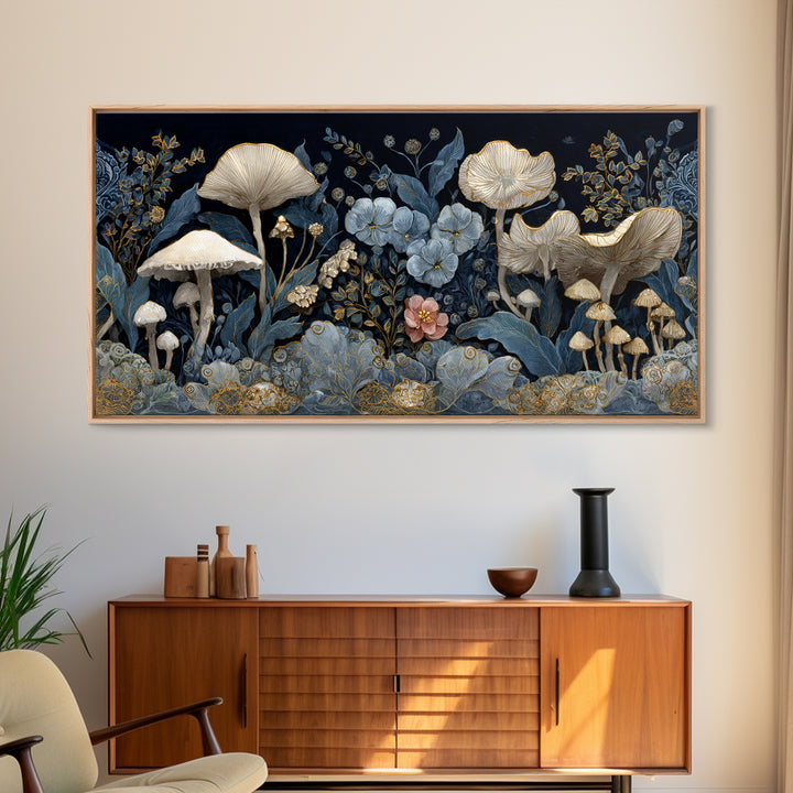 Teacup Garden with Tiny Mushrooms Framed Canvas Print, Whimsical Art, Minimalist Decor, Living Room Decor, Oil Painting, Wonder, WHI-2x1-24