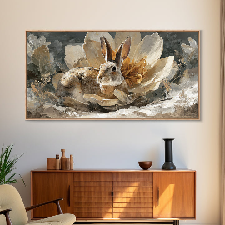 Rabbit Reading Beneath a Giant Flower Framed Canvas Print, Whimsical Art, Oil Painting, Living Room Decor, Wonder, WHI-2x1-25