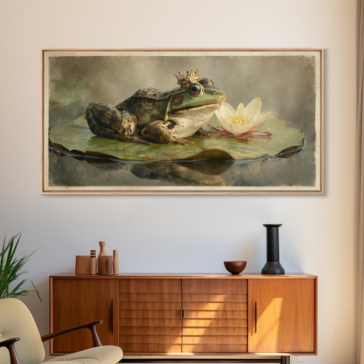 Frog Prince on a Lily Pad Framed Canvas Print, Whimsical Art, Contemporary Art, Living Room Decor, Wonder, Art Nouveau, WHI-2x1-28