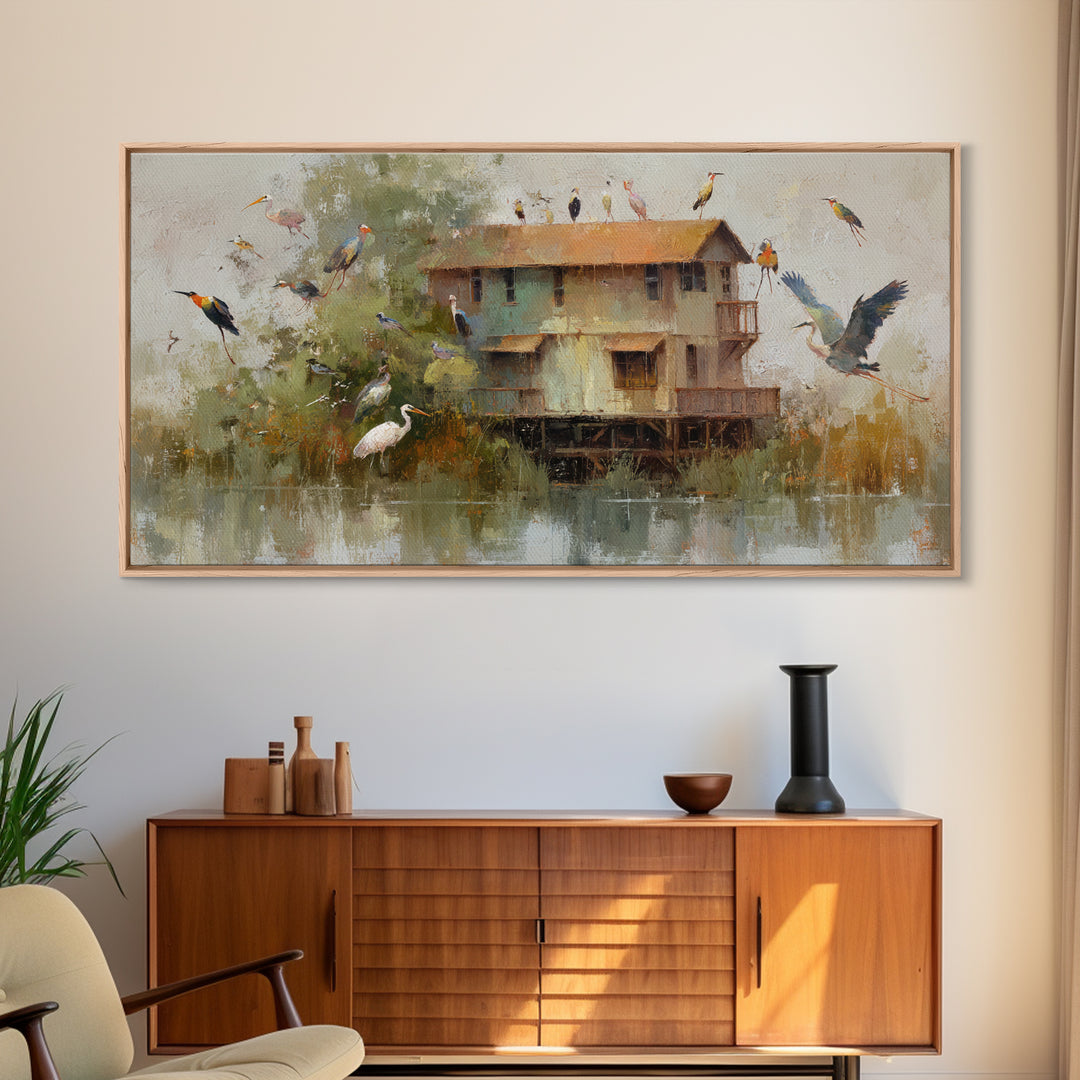 Floating House Carried by Colorful Birds Framed Canvas Print, Whimsical Art, Framed Wall Art, Living Room Decor, Wonder, WHI-2x1-3