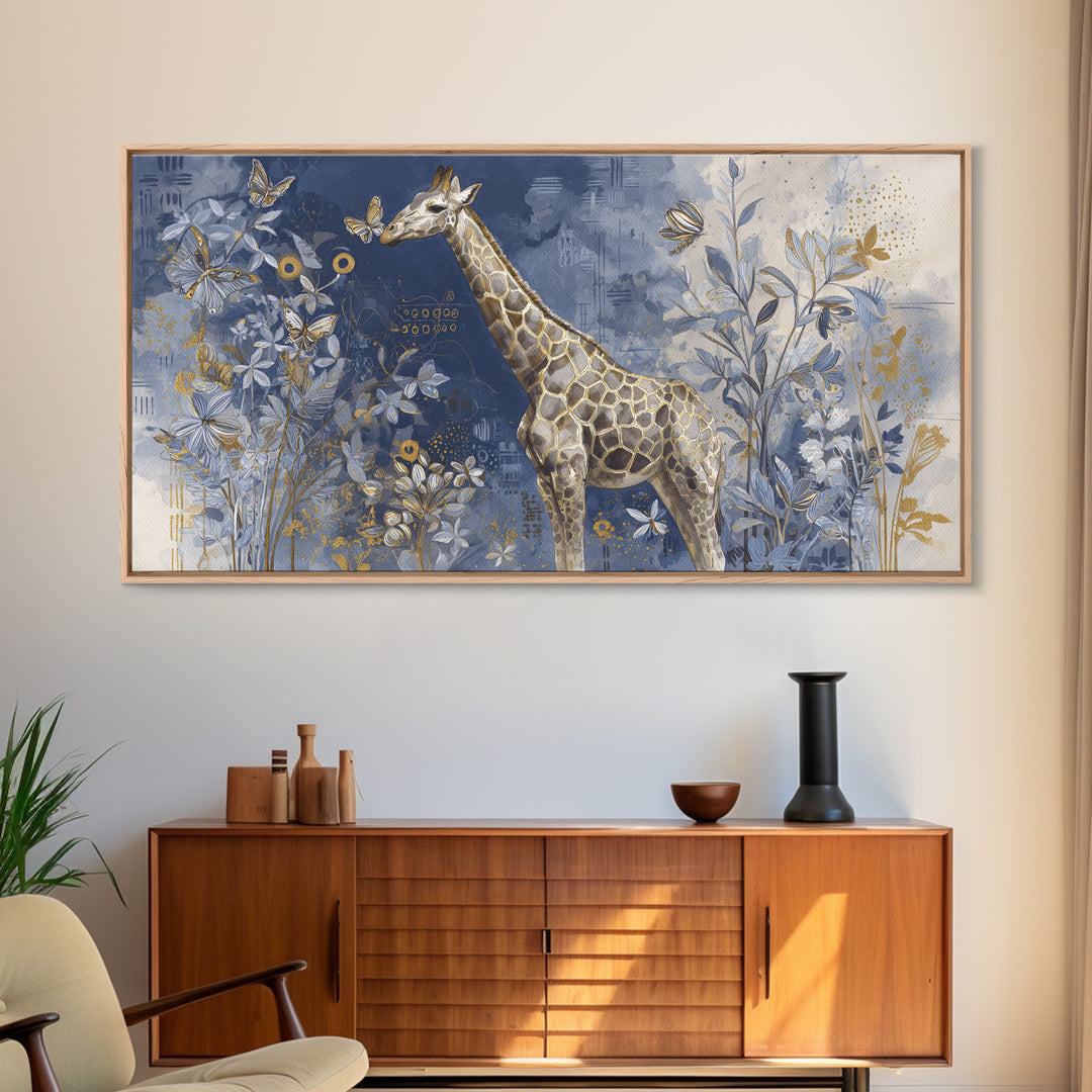 Giraffe with Scarf and Butterflies Framed Canvas Print, Whimsical Art, Minimalist Decor, Living Room Decor, Fine Art, Wonder, WHI-2x1-30