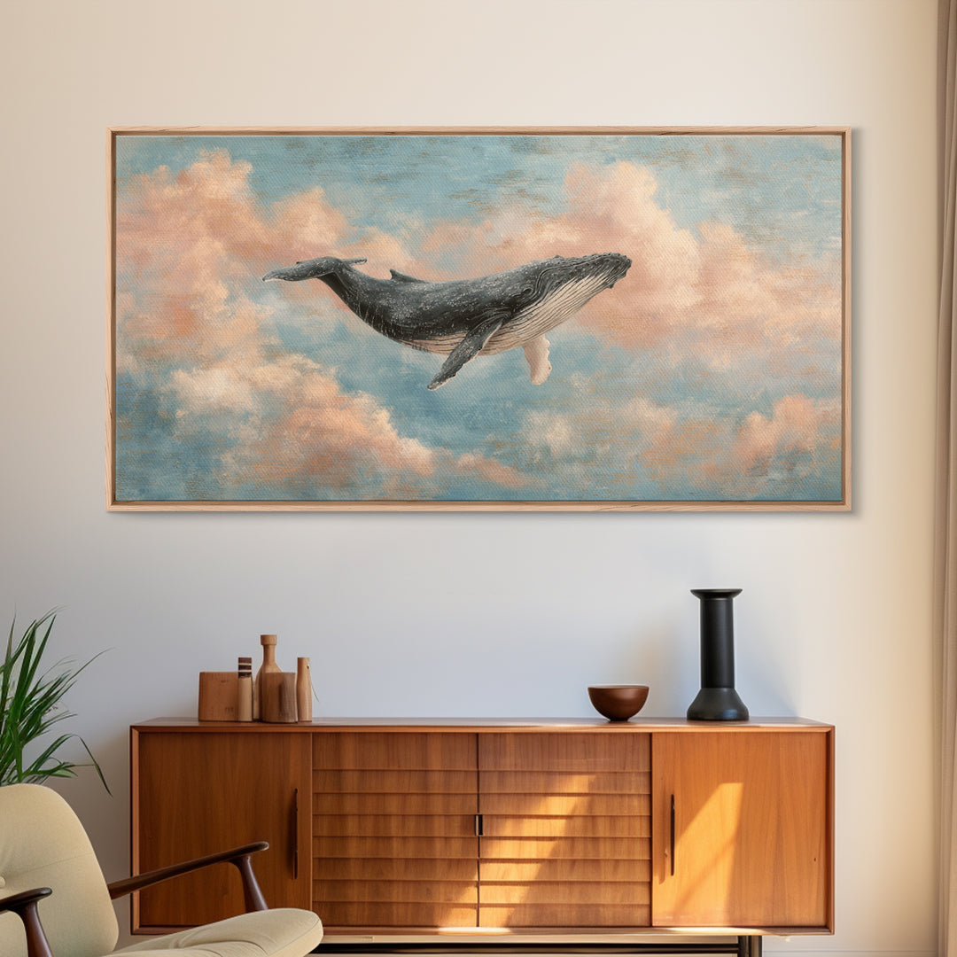 Whale Flying Through Clouds Like Ocean Framed Canvas Print, Whimsical Art, Art Print, Living Room Decor, Fine Art, Wonder, WHI-2x1-33