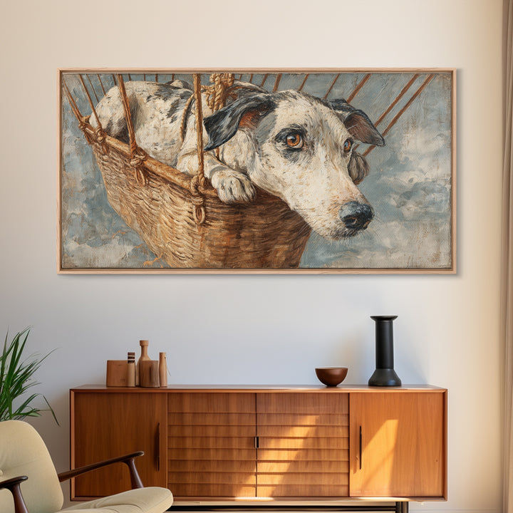Dog in a Hot Air Balloon Framed Canvas Print, Whimsical Art, Contemporary Art, Living Room Decor, Fine Art, Wonder, Art Nouveau, WHI-2x1-34
