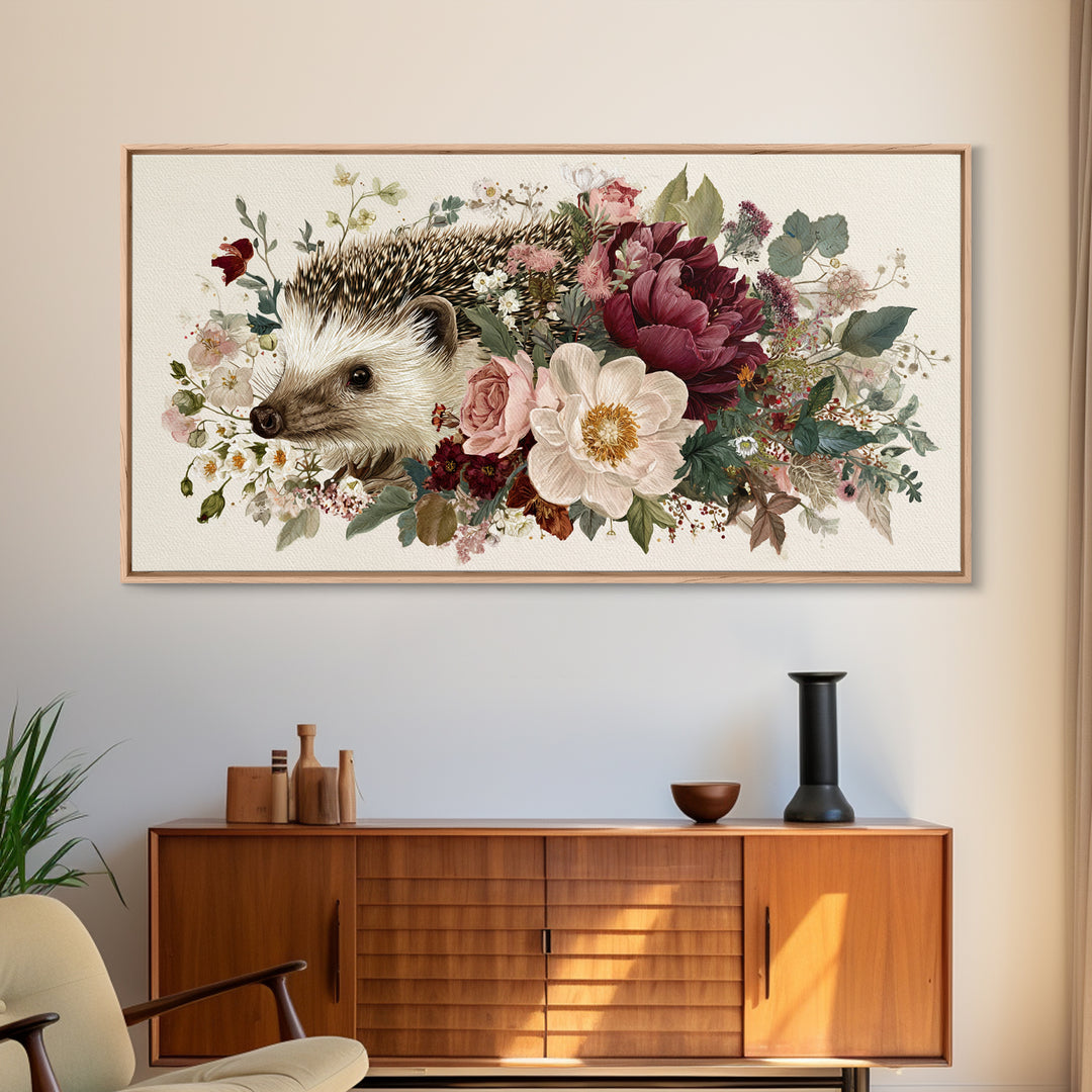 Hedgehog Carrying Wildflowers Framed Canvas Print, Whimsical Art, Wall Art, Living Room Decor, Watercolor Art, Wonder, WHI-2x1-35