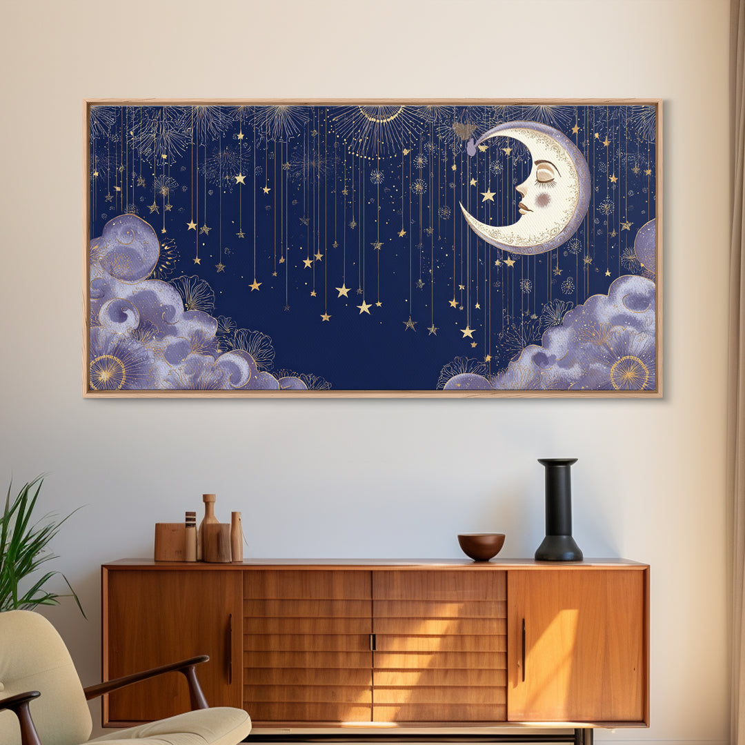 Moon with Sleeping Face and Dangling Stars Canvas Print, Whimsical Art, Home Decor, Living Room Decor, Fine Art, Wonder, WHI-2x1-36