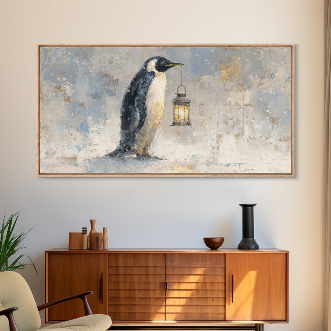 Penguin Holding a Lantern Framed Canvas Print, Whimsical Art, Digital Art, Living Room Decor, Fine Art, Wonder, Nursery, WHI-2x1-37