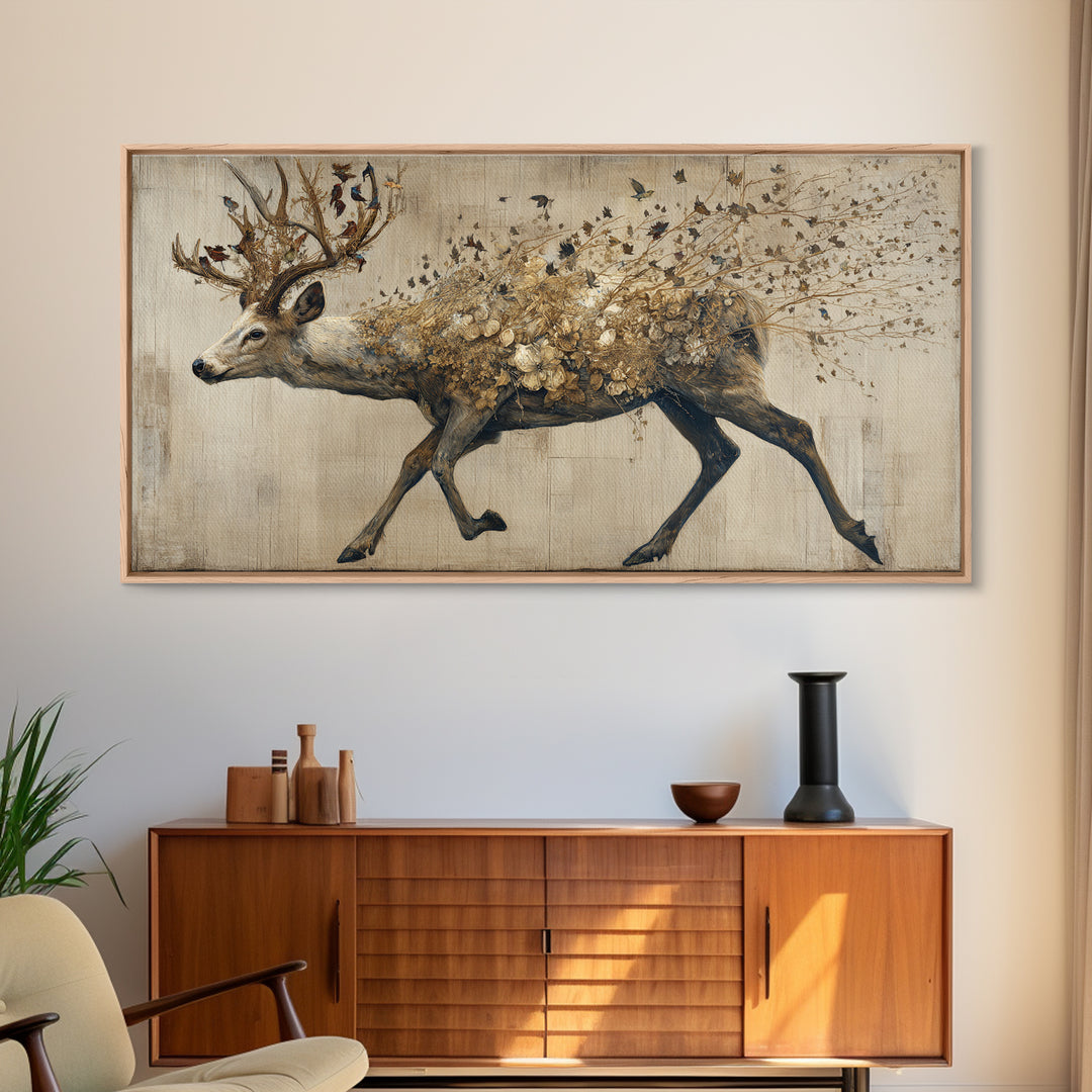 Deer with Antlers Full of Birds Canvas Print, Whimsical Art, Printable Wall Art, Living Room Decor, Oil Painting, Wonder, WHI-2x1-39
